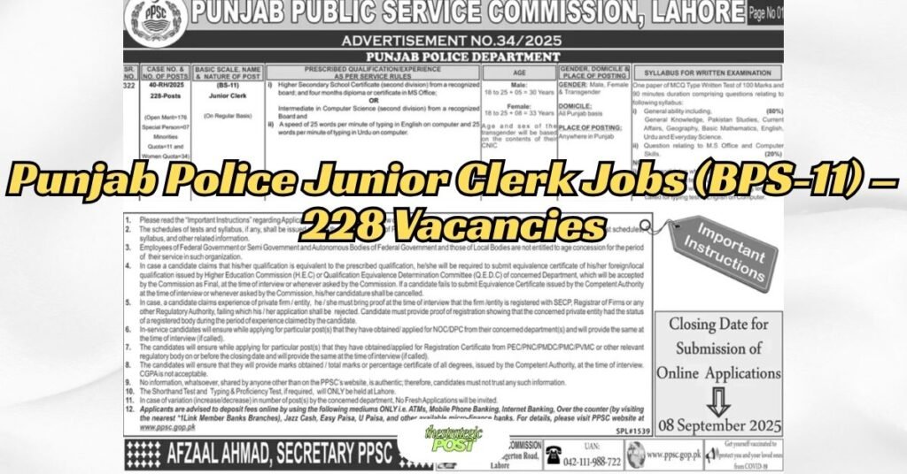 Punjab Police Junior Clerk Jobs (BPS-11) – 228 Vacancies