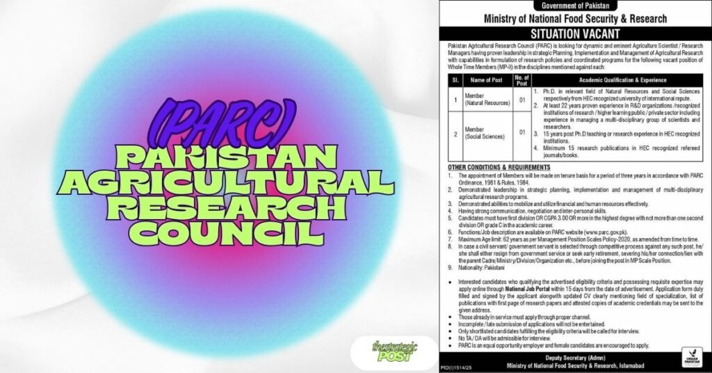 Pakistan Agricultural Research Council (PARC) Announces Senior Positions – Apply Now!