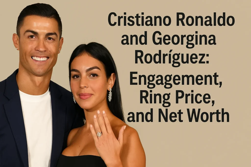 create an image in landscape format on this text : "Cristiano Ronaldo and Georgina Rodríguez: Engagement, Ring Price, and Net Worth"