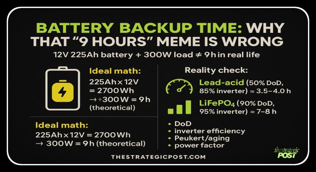 Create in landscape on this : Battery Backup Time: Why That “9 Hours” Meme Is Wrong (and How to Calculate It Right) 🔋