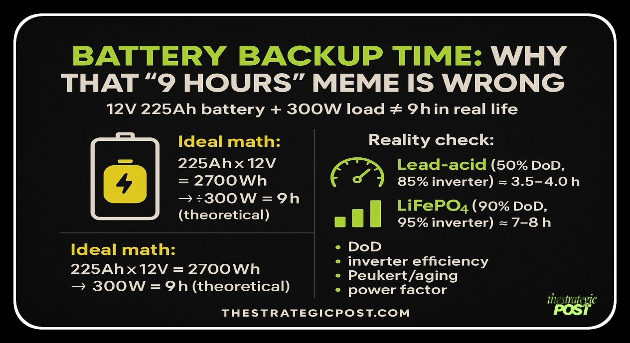 Create in landscape on this : Battery Backup Time: Why That “9 Hours” Meme Is Wrong (and How to Calculate It Right) 🔋
