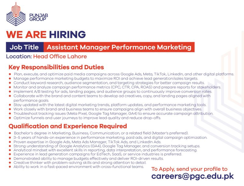 Punjab Group needs an Assistant Manager – Performance Marketing in Lahore
