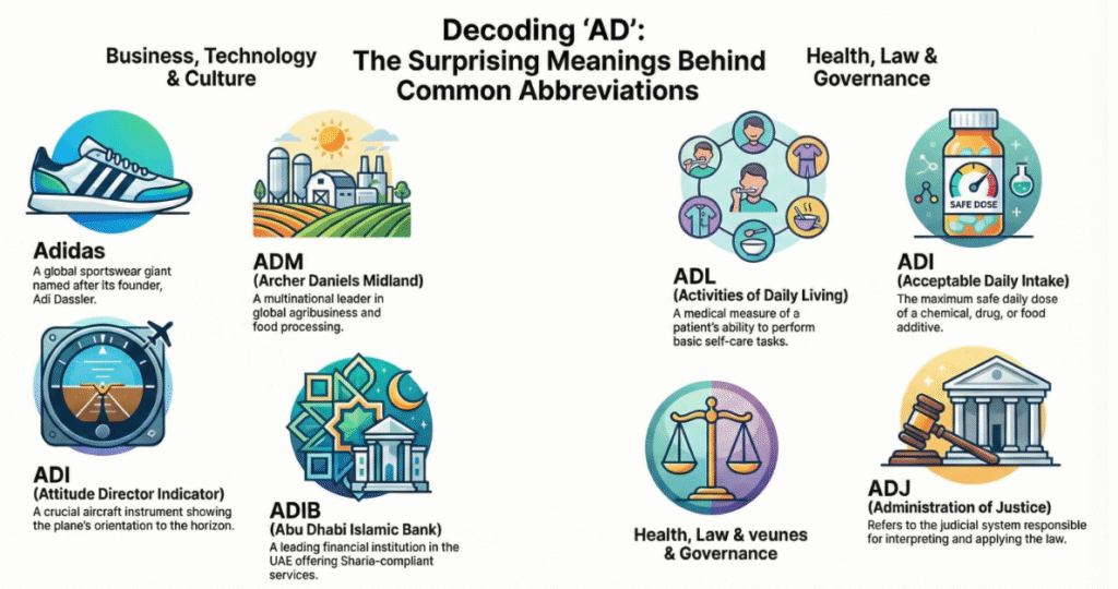 ADI, ADIB, Adidas, ADIN, ADJ, ADL & ADM Full Forms and Meanings 