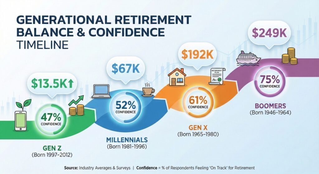 A generational timeline infographic showing average retirement balances