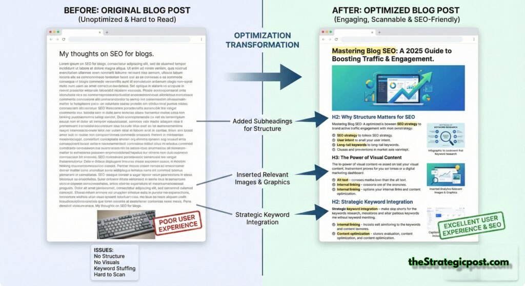 How to Rank a Blog Fast in 2025 , Before-and-after example of a blog post optimization