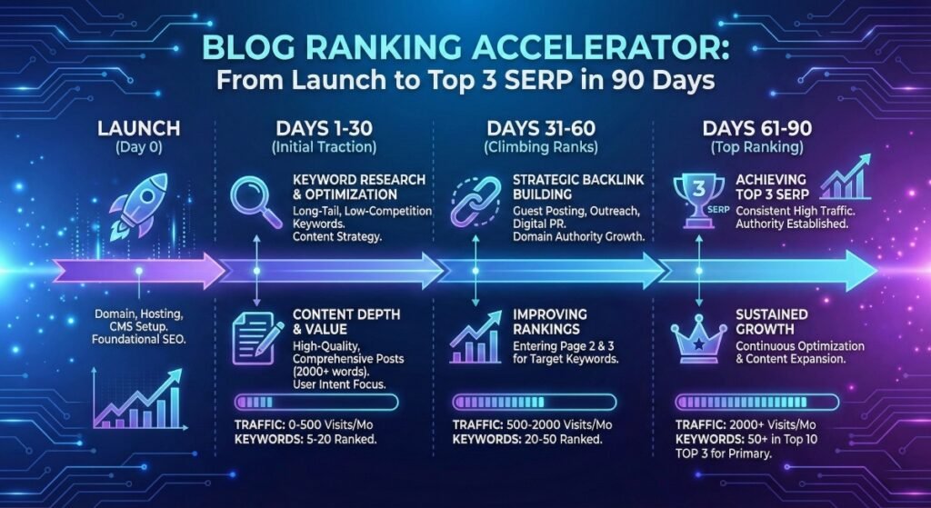 timeline showing blog ranking progress from launch to top 3 SERP in 30-90 day