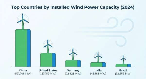 China is the clear leader in global wind power, with a capacity that is significantly higher than any other nation.