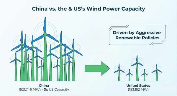 Chinas wind power capacity which is over three times that of the United States