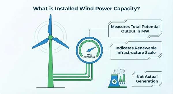 Installed wind power capacity is a measure of the maximum potential output of a wind farm not its a