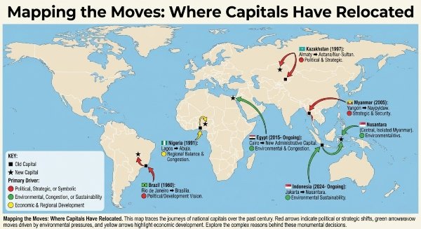 "A world map showing the relocation of capital cities. Arrows connect old and new capitals, color-coded by reason: red for political/strategic moves (e.g., Brazil to Brasília), green for environmental reasons (e.g., Indonesia to Nusantara), and yellow for economic development. A key explains the colors."

