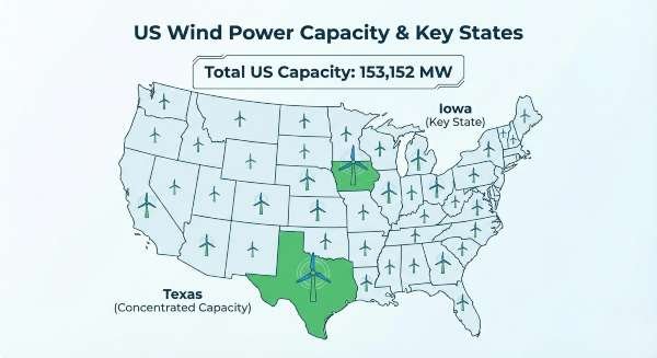 The United States is the second largest wind power producer with capacity concentrated in states li